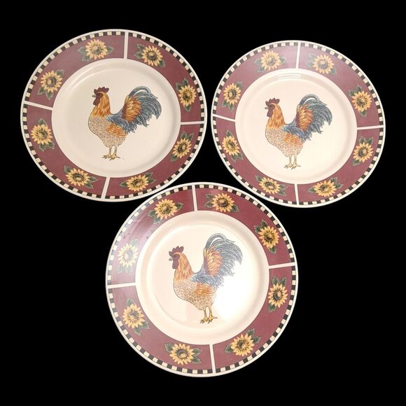 Lot of Three Gibson Rooster/Sunflower Salad Plates 9” Chicken Farmhouse - Picture 1 of 7